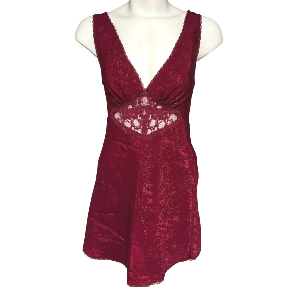 Vintage Intimate Moods L Vintage Wine Paisley Satin Lace Trim Chemise Nightgown